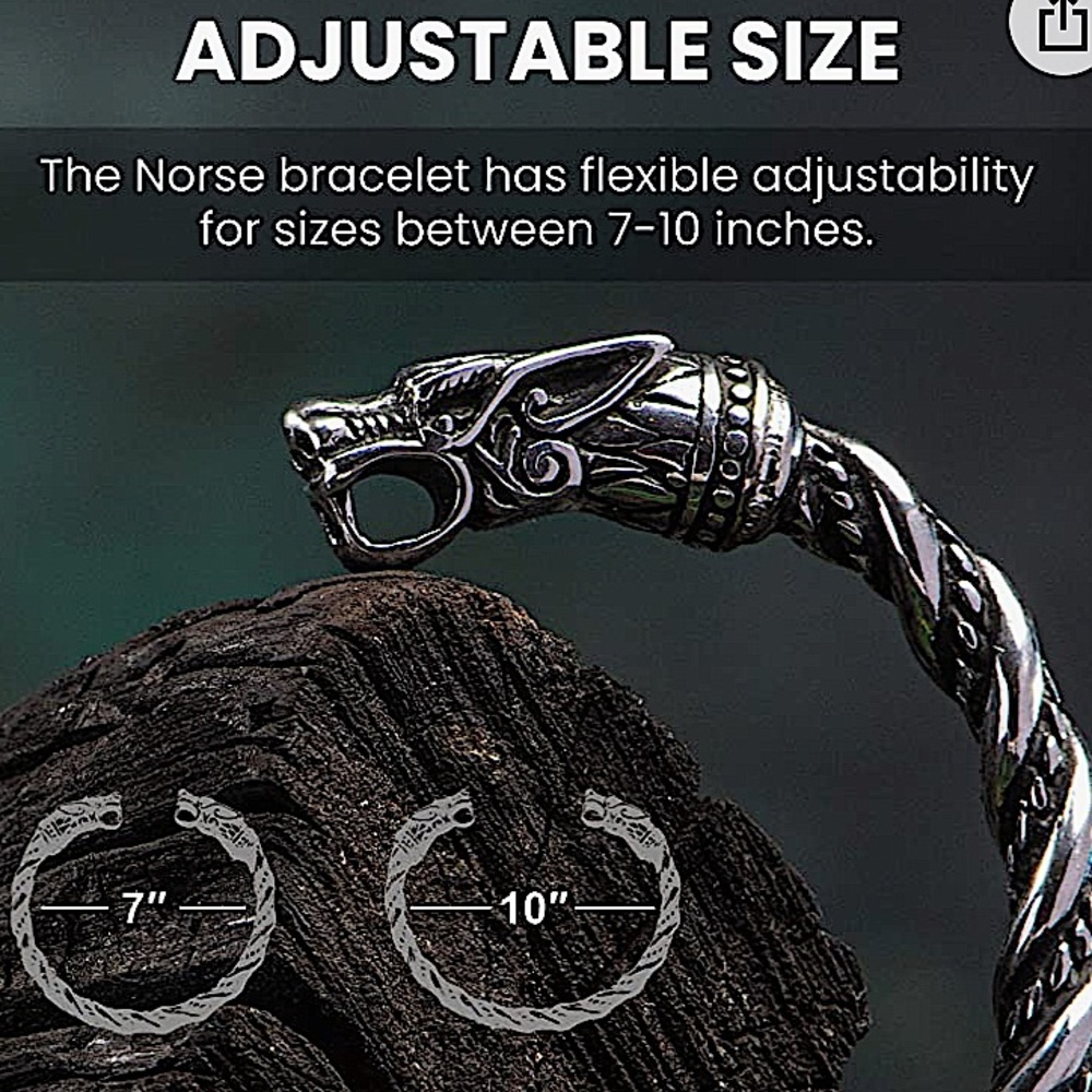 SILVER VIKING WOLF BRACELET SILVER ARM BAND CUFF BANGLE - Picture 9 of 9